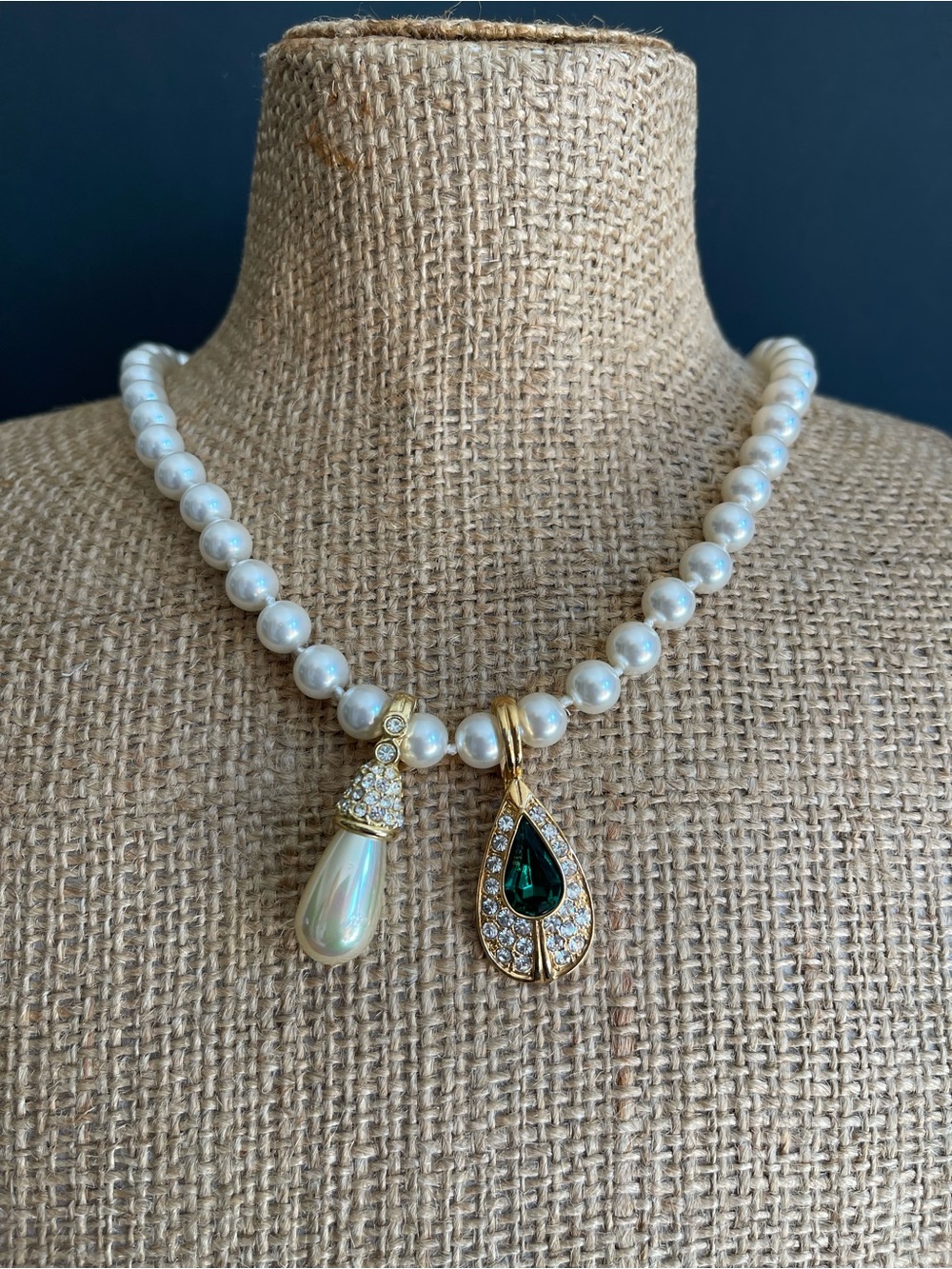 2 Roman gold tone emerald green rhinestone and faux pearl pendant.